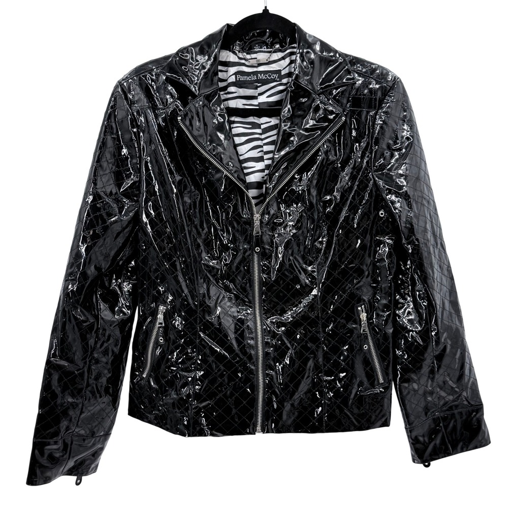 Pamela McCoy Womens Black Quilted Patent Leather Moto Biker‎ Jacket Goth Glam M